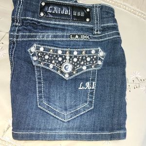 EUC L.A. Idol Jeans Size 29 Small Jean Mini Skirt Rhinestone Embellished Pockets